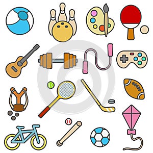 Set of color icons for leisure sports and hobbies in flat style.